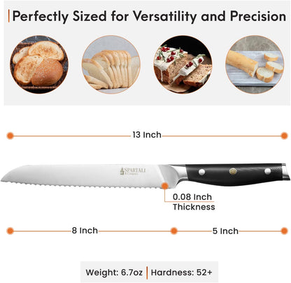 8-Inch Bread Knife – Serrated High Carbon German Stainless Steel Blade for Bread, Bagels & Pastries – Ergonomic Handle, Rust-Resistant, Ultra-Sharp Edge – Ideal for Home Bakers and Chefs.