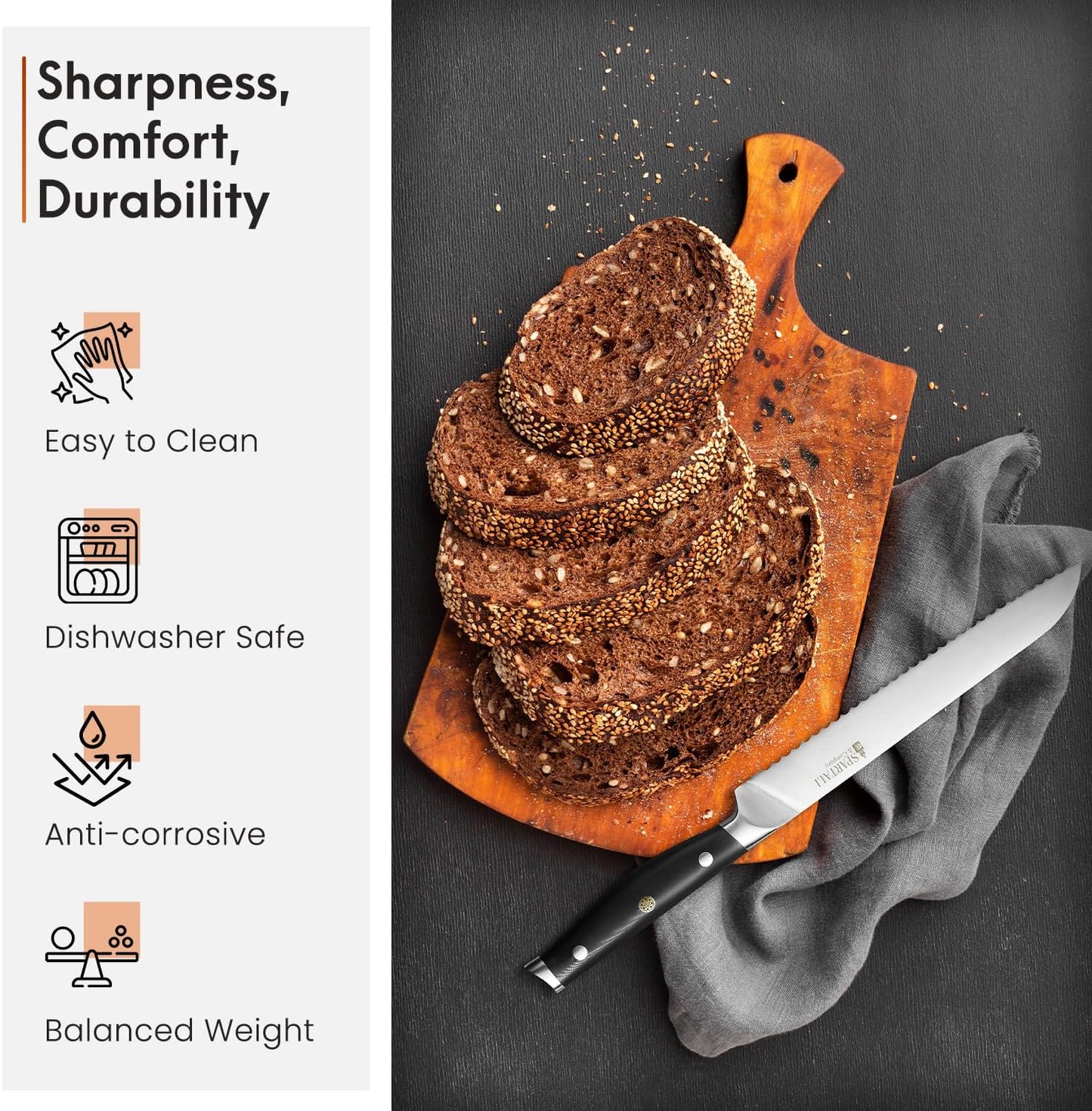 8-Inch Bread Knife – Serrated High Carbon German Stainless Steel Blade for Bread, Bagels & Pastries – Ergonomic Handle, Rust-Resistant, Ultra-Sharp Edge – Ideal for Home Bakers and Chefs.