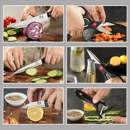 5 Pieces Kitchen knife Set, Knife Set Without Block with Sheathes, Stainless Steel Sharp Blade and Comfortable Handle, Chef Knife Set with Kitchen Scissors and Peeler for Cooking