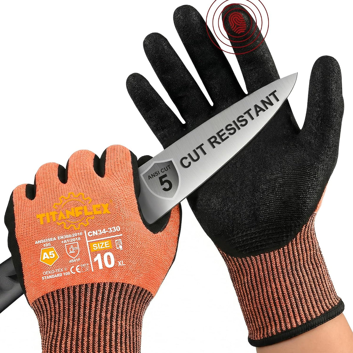 TitanFlex Work Gloves, ANSI A5 Cut Resistant Gloves, Sandy Nitrile Grip | Touchscreen, Non-Slip Grip; for Fishing, Gardening, Woodworking, Glass Cutting, Automotive Repair and Material Handling