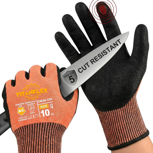 TitanFlex Work Gloves, ANSI A5 Cut Resistant Gloves, Sandy Nitrile Grip | Touchscreen, Non-Slip Grip; for Fishing, Gardening, Woodworking, Glass Cutting, Automotive Repair and Material Handling