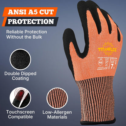 TitanFlex Work Gloves, ANSI A5 Cut Resistant Gloves, Sandy Nitrile Grip | Touchscreen, Non-Slip Grip; for Fishing, Gardening, Woodworking, Glass Cutting, Automotive Repair and Material Handling