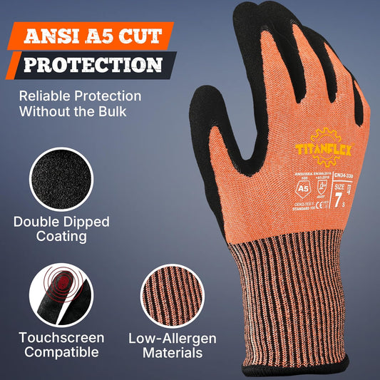 TitanFlex Work Gloves, ANSI A5 Cut Resistant Gloves, Sandy Nitrile Grip | Touchscreen, Non-Slip Grip; for Fishing, Gardening, Woodworking, Glass Cutting, Automotive Repair and Material Handling