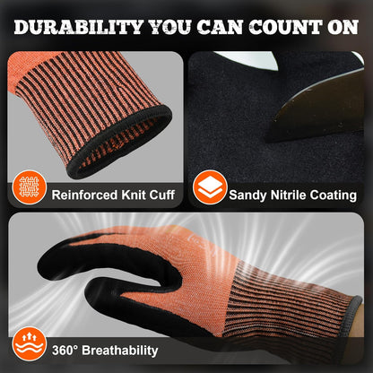 TitanFlex Work Gloves, ANSI A5 Cut Resistant Gloves, Sandy Nitrile Grip | Touchscreen, Non-Slip Grip; for Fishing, Gardening, Woodworking, Glass Cutting, Automotive Repair and Material Handling