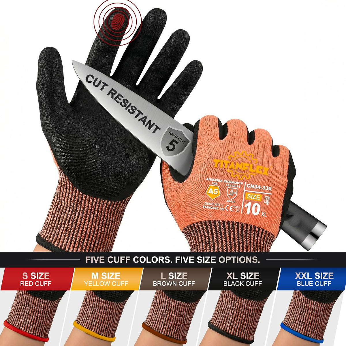 TitanFlex Work Gloves, ANSI A5 Cut Resistant Gloves, Sandy Nitrile Grip | Touchscreen, Non-Slip Grip; for Fishing, Gardening, Woodworking, Glass Cutting, Automotive Repair and Material Handling