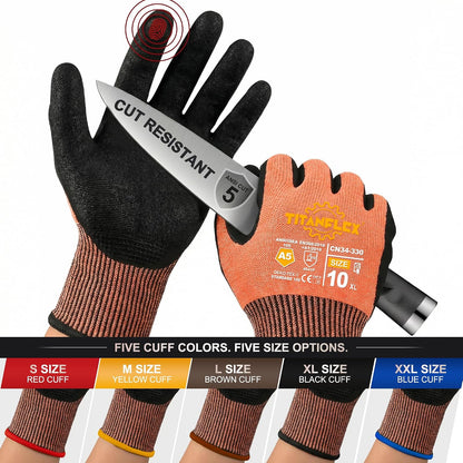 TitanFlex Work Gloves, ANSI A5 Cut Resistant Gloves, Sandy Nitrile Grip | Touchscreen, Non-Slip Grip; for Fishing, Gardening, Woodworking, Glass Cutting, Automotive Repair and Material Handling