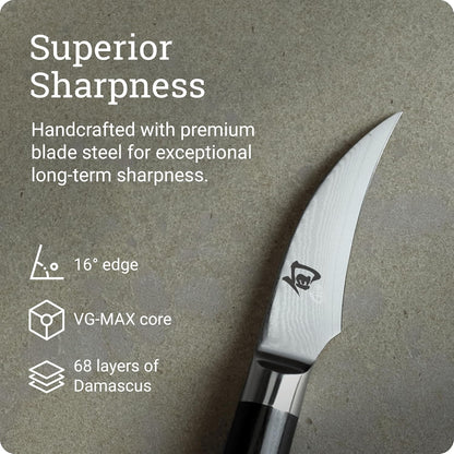 Classic 2.5" Bird’s Beak Knife, Handcrafted Japanese Vegetable & Fruit Knife, VG-MAX Core with Damascus Stainless Steel Cladding, Pakkawood Handle, Small Tool for Intricate, Decorative Designs