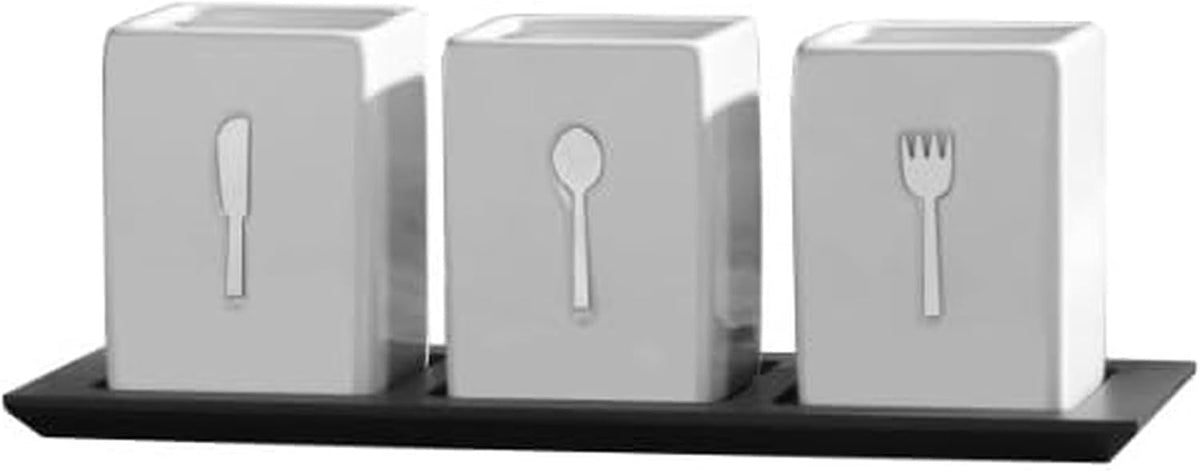3-Piece Ceramic Caddy with Wood Tray, White, Black