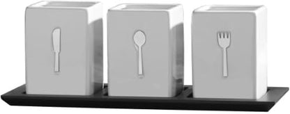 3-Piece Ceramic Caddy with Wood Tray, White, Black