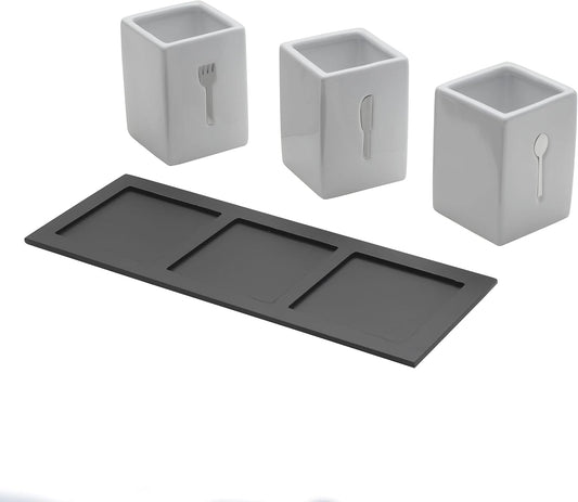 3-Piece Ceramic Caddy with Wood Tray, White, Black