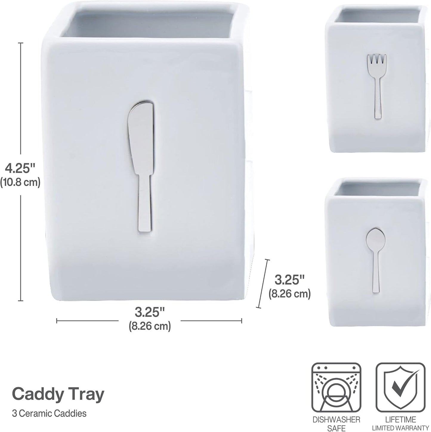 3-Piece Ceramic Caddy with Wood Tray, White, Black
