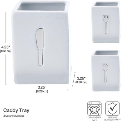 3-Piece Ceramic Caddy with Wood Tray, White, Black