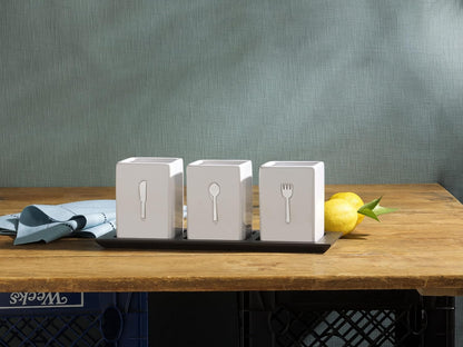 3-Piece Ceramic Caddy with Wood Tray, White, Black
