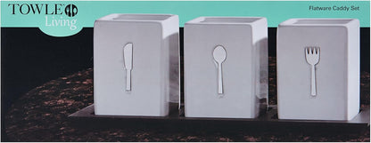 3-Piece Ceramic Caddy with Wood Tray, White, Black