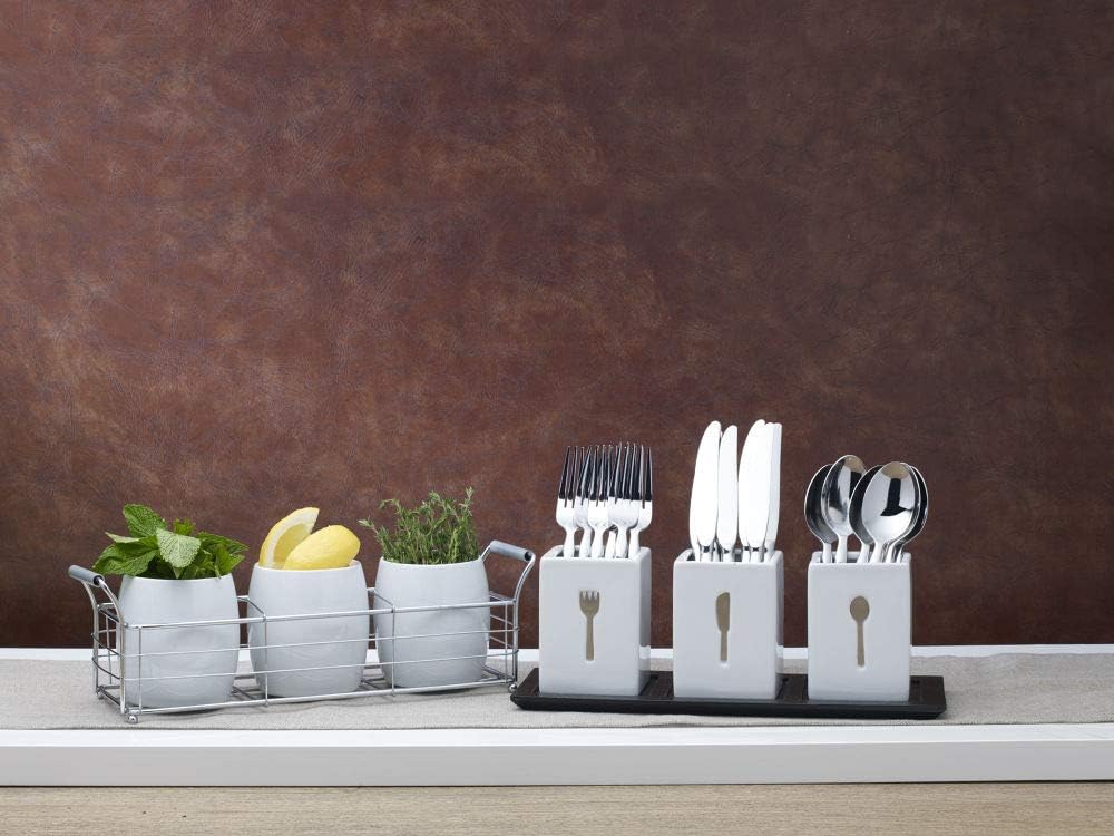 3-Piece Ceramic Caddy with Wood Tray, White, Black