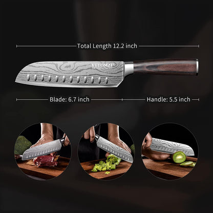 7" Santoku Knife with Blade Guard, Hollow Edge Chef's Santoku Knife 7-inch Stainless Steel Japanese Chefs Knife for Kitchen Vegetables Fruits Meat, Ergonomic Pakkawood Handle, Gift Box