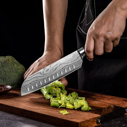 7" Santoku Knife with Blade Guard, Hollow Edge Chef's Santoku Knife 7-inch Stainless Steel Japanese Chefs Knife for Kitchen Vegetables Fruits Meat, Ergonomic Pakkawood Handle, Gift Box