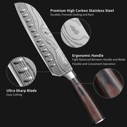7" Santoku Knife with Blade Guard, Hollow Edge Chef's Santoku Knife 7-inch Stainless Steel Japanese Chefs Knife for Kitchen Vegetables Fruits Meat, Ergonomic Pakkawood Handle, Gift Box