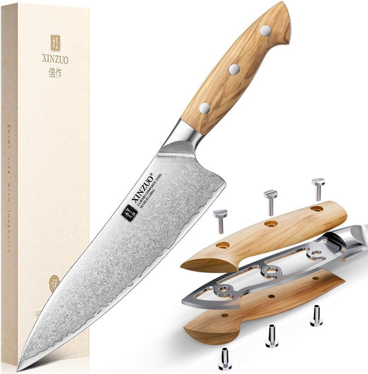 Gyuto Chef Knife - 8.3 Inch Kitchen Knife 3 Layer 10Cr15Comov Steel Core High Carbon Steel Blade, Sharp Cutting Knife With Olive Wood + Stainless Steel Rivet Handle