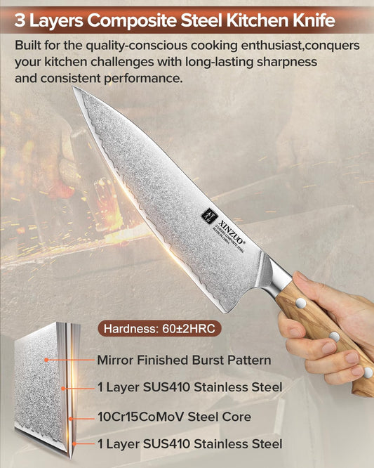 Gyuto Chef Knife - 8.3 Inch Kitchen Knife 3 Layer 10Cr15Comov Steel Core High Carbon Steel Blade, Sharp Cutting Knife With Olive Wood + Stainless Steel Rivet Handle