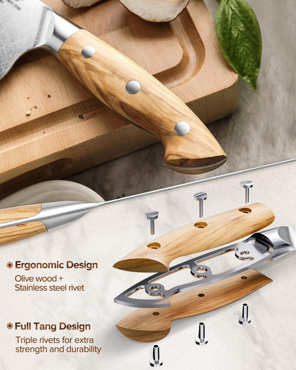 Gyuto Chef Knife - 8.3 Inch Kitchen Knife 3 Layer 10Cr15Comov Steel Core High Carbon Steel Blade, Sharp Cutting Knife With Olive Wood + Stainless Steel Rivet Handle