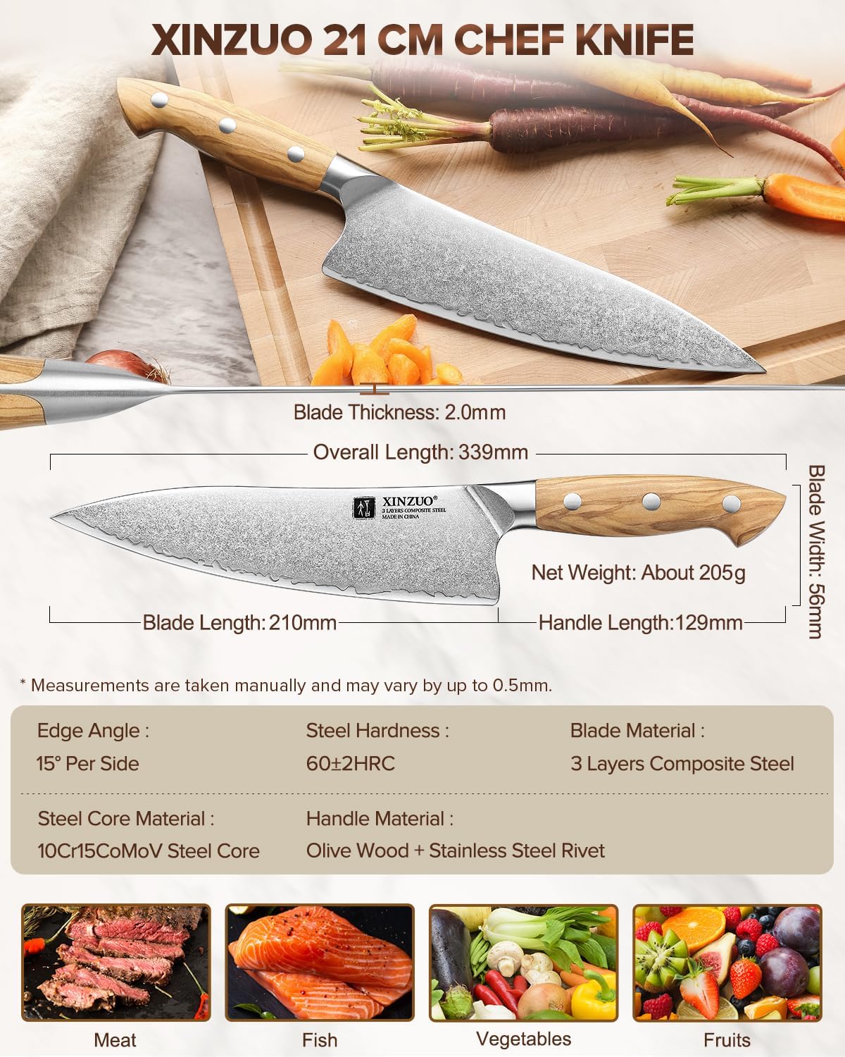 Gyuto Chef Knife - 8.3 Inch Kitchen Knife 3 Layer 10Cr15Comov Steel Core High Carbon Steel Blade, Sharp Cutting Knife With Olive Wood + Stainless Steel Rivet Handle