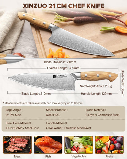 Gyuto Chef Knife - 8.3 Inch Kitchen Knife 3 Layer 10Cr15Comov Steel Core High Carbon Steel Blade, Sharp Cutting Knife With Olive Wood + Stainless Steel Rivet Handle
