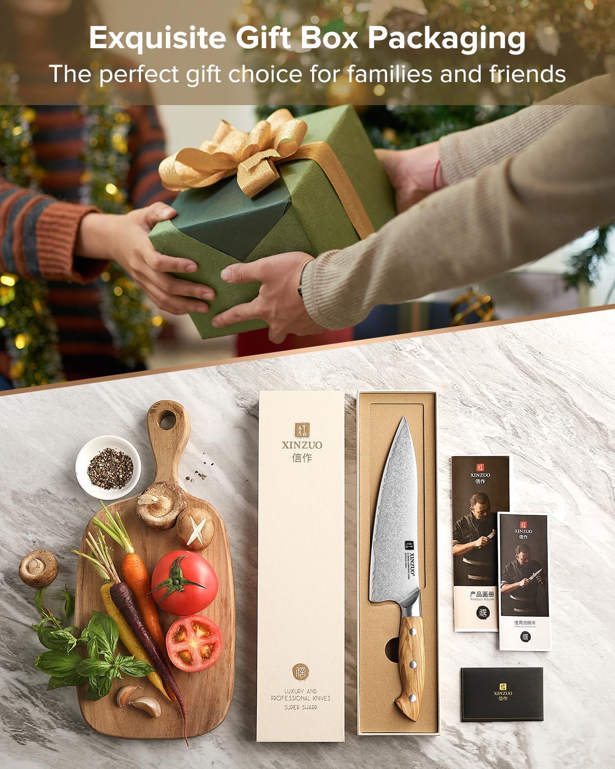 Gyuto Chef Knife - 8.3 Inch Kitchen Knife 3 Layer 10Cr15Comov Steel Core High Carbon Steel Blade, Sharp Cutting Knife With Olive Wood + Stainless Steel Rivet Handle