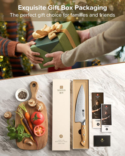 Gyuto Chef Knife - 8.3 Inch Kitchen Knife 3 Layer 10Cr15Comov Steel Core High Carbon Steel Blade, Sharp Cutting Knife With Olive Wood + Stainless Steel Rivet Handle