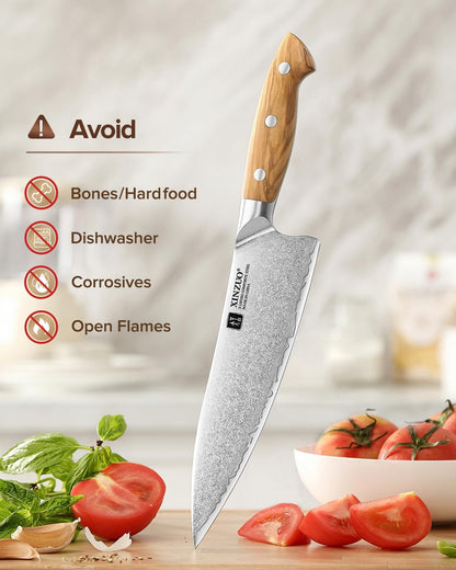 Gyuto Chef Knife - 8.3 Inch Kitchen Knife 3 Layer 10Cr15Comov Steel Core High Carbon Steel Blade, Sharp Cutting Knife With Olive Wood + Stainless Steel Rivet Handle
