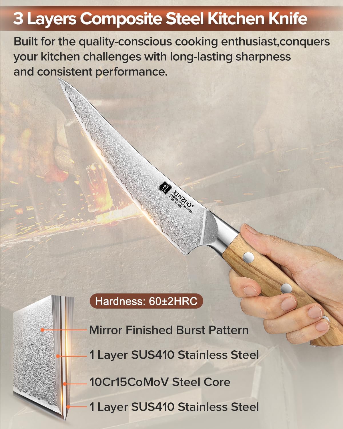 Gyuto Chef Knife - 8.3 Inch Kitchen Knife 3 Layer 10Cr15Comov Steel Core High Carbon Steel Blade, Sharp Cutting Knife With Olive Wood + Stainless Steel Rivet Handle