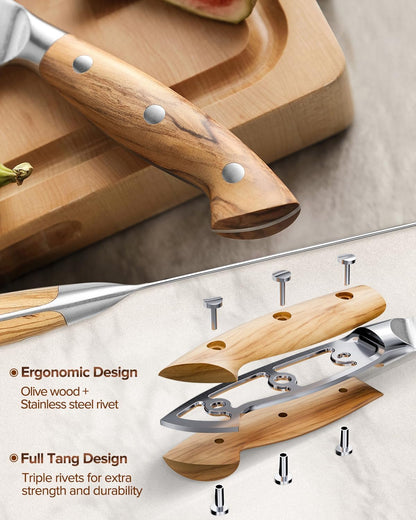 Gyuto Chef Knife - 8.3 Inch Kitchen Knife 3 Layer 10Cr15Comov Steel Core High Carbon Steel Blade, Sharp Cutting Knife With Olive Wood + Stainless Steel Rivet Handle