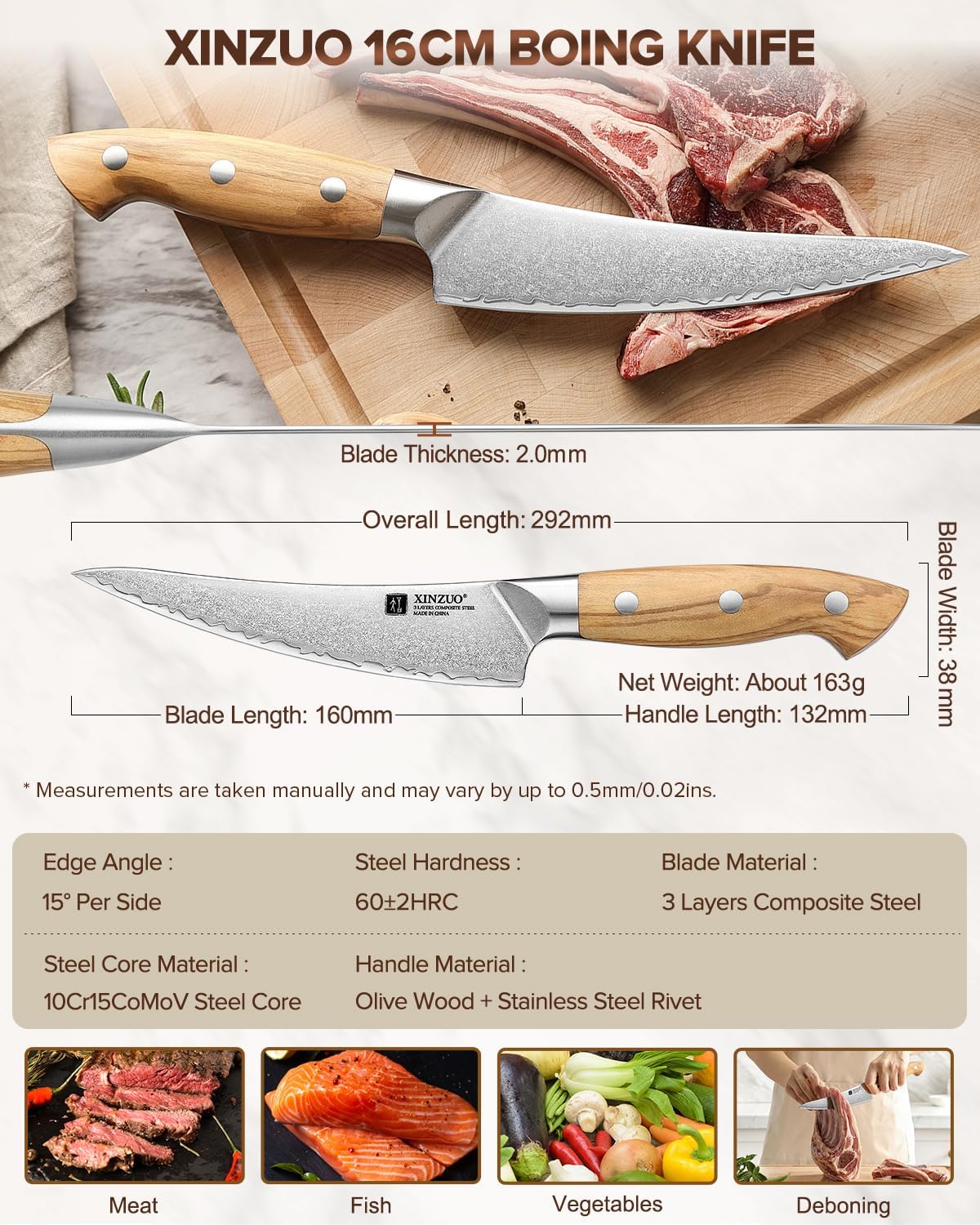 Gyuto Chef Knife - 8.3 Inch Kitchen Knife 3 Layer 10Cr15Comov Steel Core High Carbon Steel Blade, Sharp Cutting Knife With Olive Wood + Stainless Steel Rivet Handle