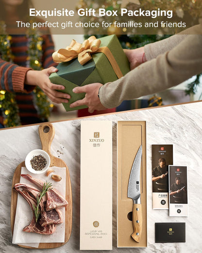 Gyuto Chef Knife - 8.3 Inch Kitchen Knife 3 Layer 10Cr15Comov Steel Core High Carbon Steel Blade, Sharp Cutting Knife With Olive Wood + Stainless Steel Rivet Handle