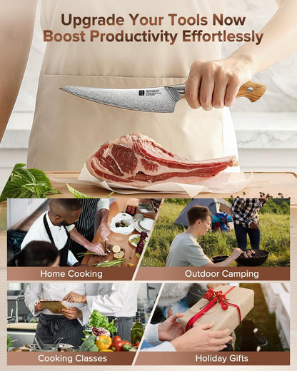 Gyuto Chef Knife - 8.3 Inch Kitchen Knife 3 Layer 10Cr15Comov Steel Core High Carbon Steel Blade, Sharp Cutting Knife With Olive Wood + Stainless Steel Rivet Handle