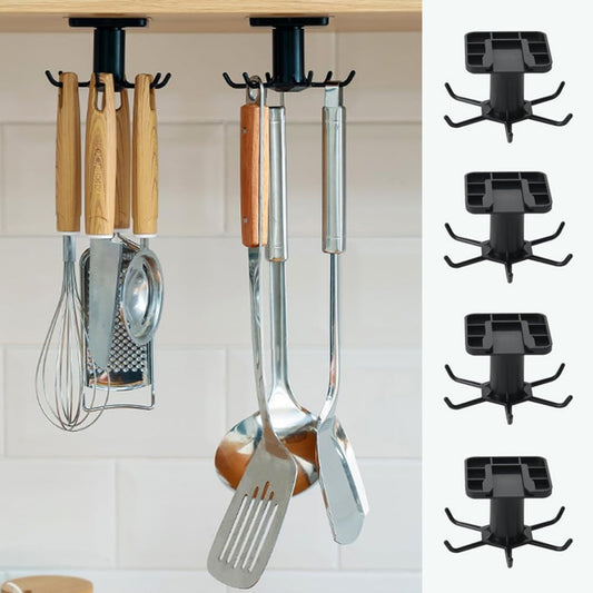 4 PCS Under Cabinet Kitchen Utensil Hooks Adhesive Nail Free Hanging Rack | 360° Rotation for Kitchen Utensils, Tools, Towel, Knife (Black)