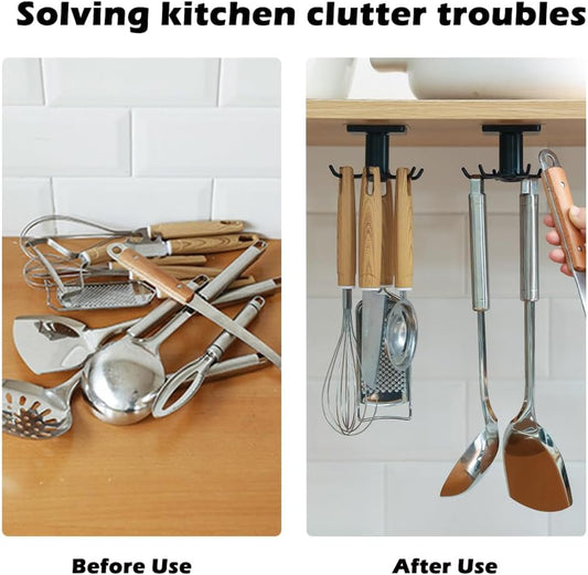 4 PCS Under Cabinet Kitchen Utensil Hooks Adhesive Nail Free Hanging Rack | 360° Rotation for Kitchen Utensils, Tools, Towel, Knife (Black)