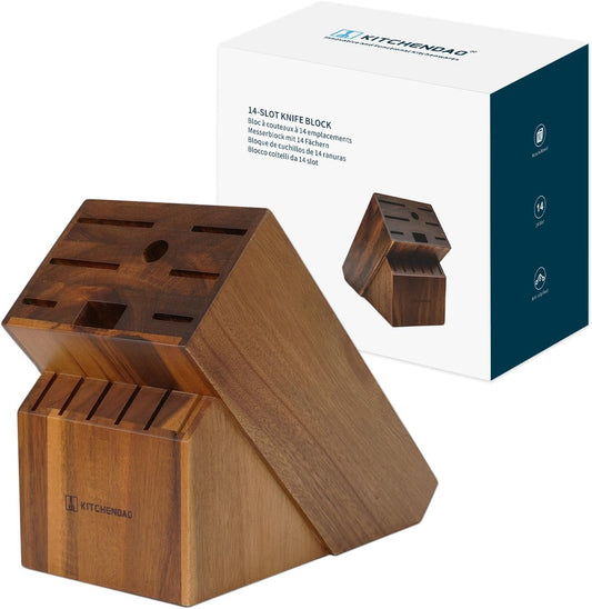 14 Slot Acacia Wood Knife Block without Knives, Universal Knife Holder for Kitchen, Holding Multiple Types of Knives, Countertop Butcher Block Knife Stand for Easy Kitchen Storage