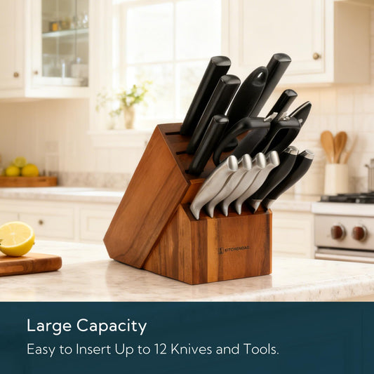 14 Slot Acacia Wood Knife Block without Knives, Universal Knife Holder for Kitchen, Holding Multiple Types of Knives, Countertop Butcher Block Knife Stand for Easy Kitchen Storage
