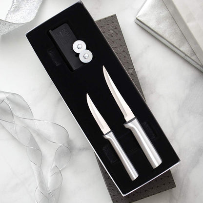 Paring Plus Sharpener Set (S36), Silver Handle | 3-Piece Knife Set , Stainless Steel Blade, Silver Cast Aluminum Handle