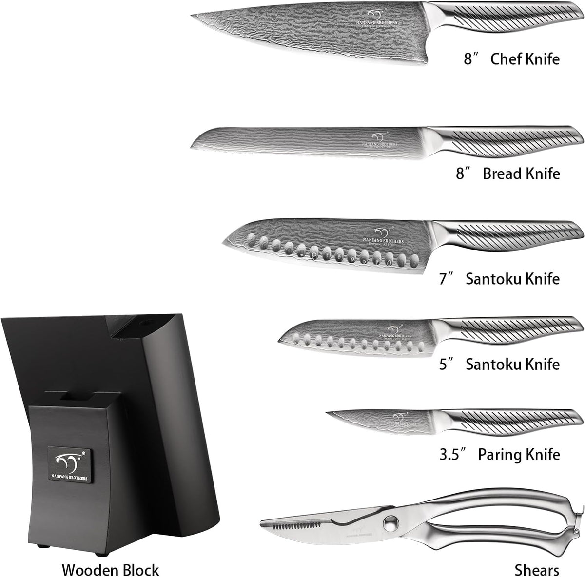 ® 7 Pieces Damascus Kitchen Knife Set, High Carbon Stainless Steel Damascus Steel Chef Knife Set, Stainless Steel Ergonomic Handle for Chef, Knife Block Set for Chopping NF