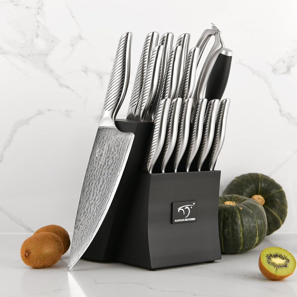 ® 7 Pieces Damascus Kitchen Knife Set, High Carbon Stainless Steel Damascus Steel Chef Knife Set, Stainless Steel Ergonomic Handle for Chef, Knife Block Set for Chopping NF