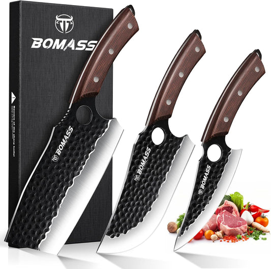 Meat Cleaver Butcher Knife Set, Hand Forged Japanese Knives Set of 3, High Carbon Kitchen Knife & Serbian Chef Knife & Boning Kni fe for Meat Cutting, Outdoor Cooking BBQ Camping Gift for Men