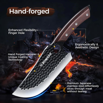 Meat Cleaver Butcher Knife Set, Hand Forged Japanese Knives Set of 3, High Carbon Kitchen Knife & Serbian Chef Knife & Boning Kni fe for Meat Cutting, Outdoor Cooking BBQ Camping Gift for Men