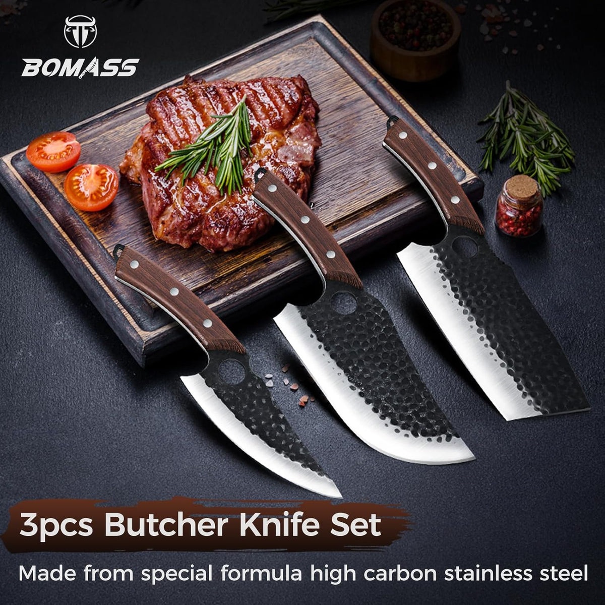 Meat Cleaver Butcher Knife Set, Hand Forged Japanese Knives Set of 3, High Carbon Kitchen Knife & Serbian Chef Knife & Boning Kni fe for Meat Cutting, Outdoor Cooking BBQ Camping Gift for Men