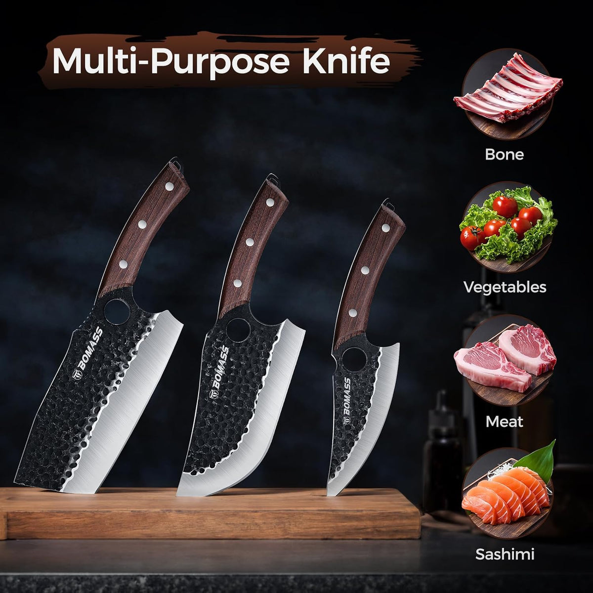 Meat Cleaver Butcher Knife Set, Hand Forged Japanese Knives Set of 3, High Carbon Kitchen Knife & Serbian Chef Knife & Boning Kni fe for Meat Cutting, Outdoor Cooking BBQ Camping Gift for Men