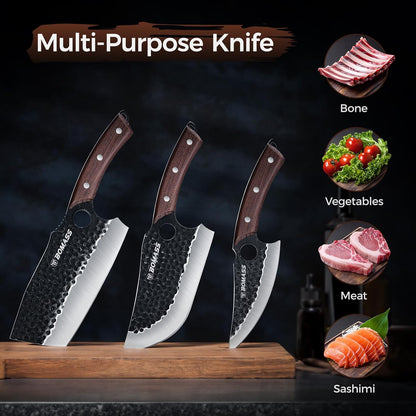 Meat Cleaver Butcher Knife Set, Hand Forged Japanese Knives Set of 3, High Carbon Kitchen Knife & Serbian Chef Knife & Boning Kni fe for Meat Cutting, Outdoor Cooking BBQ Camping Gift for Men