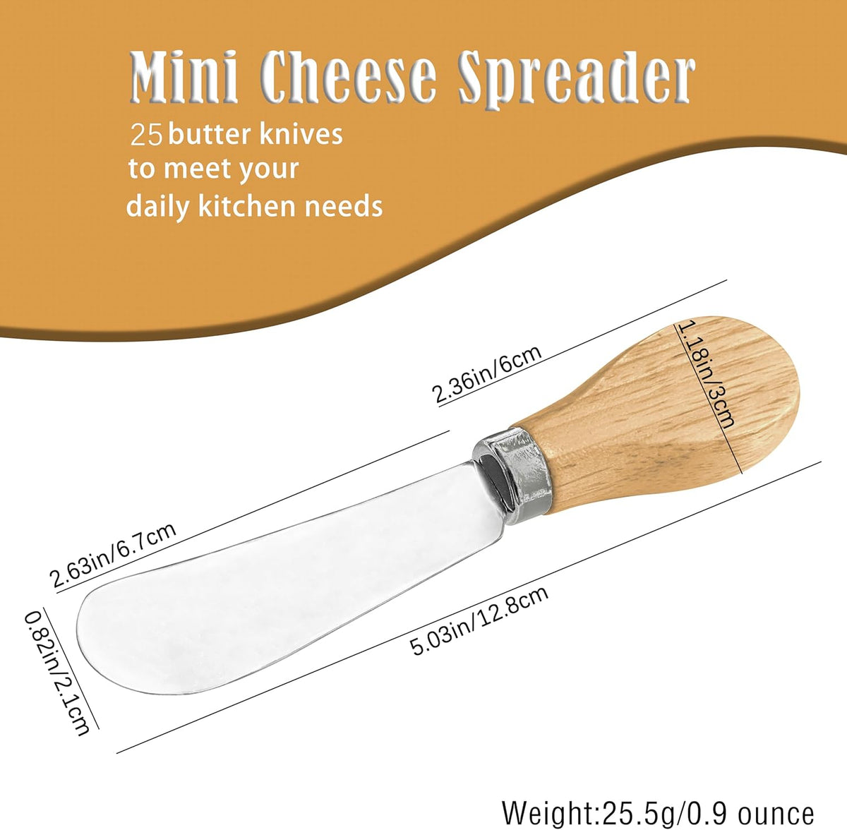 25 Piece Small Cheese Spreader Knives Set, Mini Stainless Steel Butter Knife Spreader with Wooden Handle for for Charcuterie Board, Sandwiches, Cocktail Spreaders, Dips, 4.7 inch