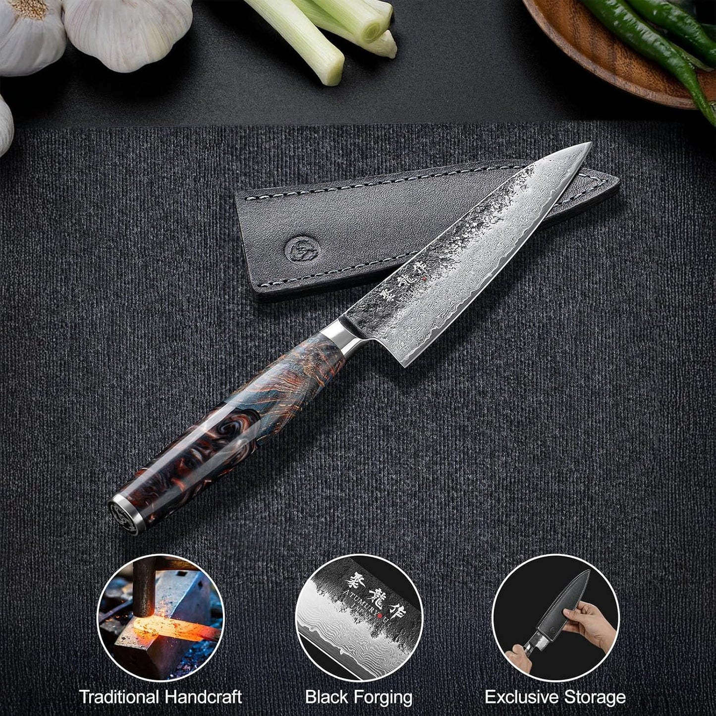 5.5'' Japanese Utility Knife, 67-Layer Damascus VG10 Steel | Kurouchi Forged Finish, Fruit, Vegetable & Herb Prep, Compact Blade Control, Leather Sheath Included, Premium Gift Box
