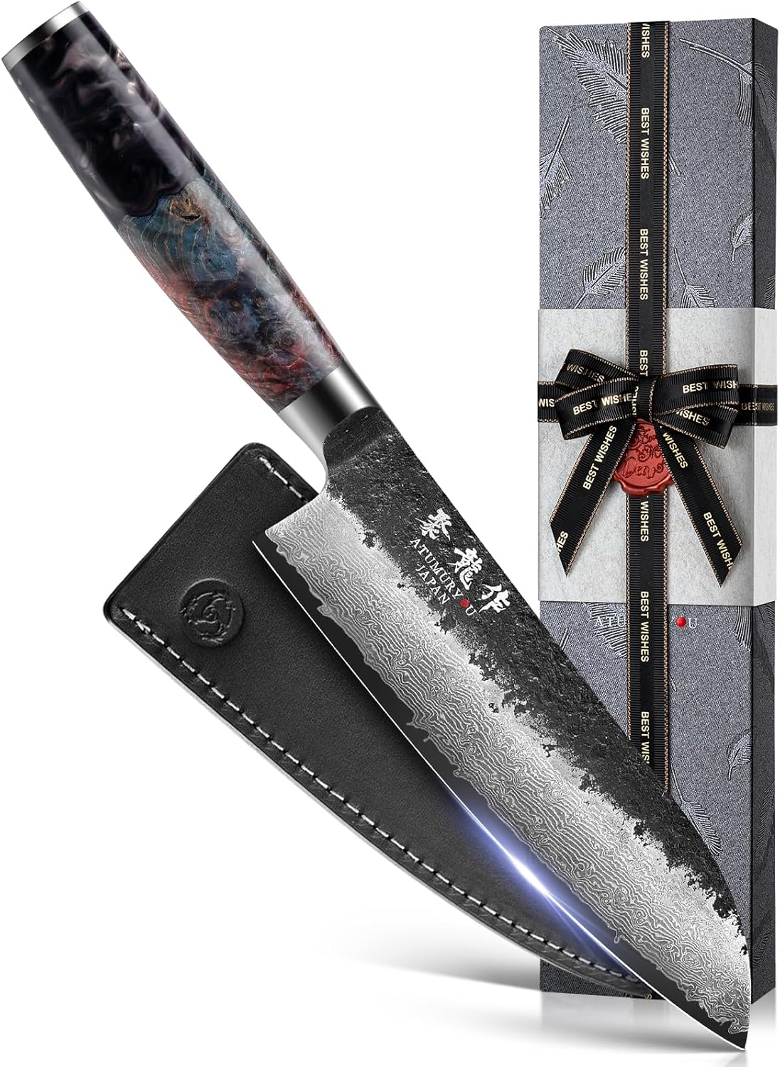 5.5'' Japanese Utility Knife, 67-Layer Damascus VG10 Steel | Kurouchi Forged Finish, Fruit, Vegetable & Herb Prep, Compact Blade Control, Leather Sheath Included, Premium Gift Box